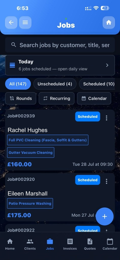 Jobs list showing scheduled jobs with services and prices